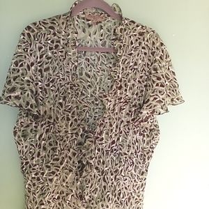 Notations Women 2Xl, sheer green brown print short sleeve